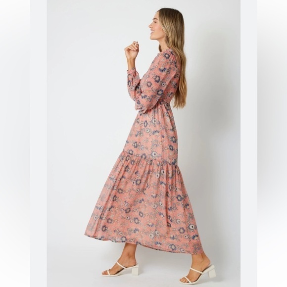 Patrons of Peace Peach Pink Navy Floral Longsleeve Maxi Dress Smock Button Front - Picture 2 of 14